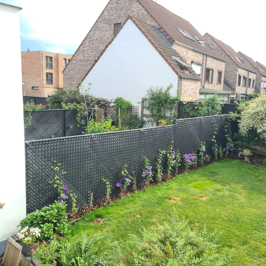 Tuin met nieuwe beplanting langs een omheining